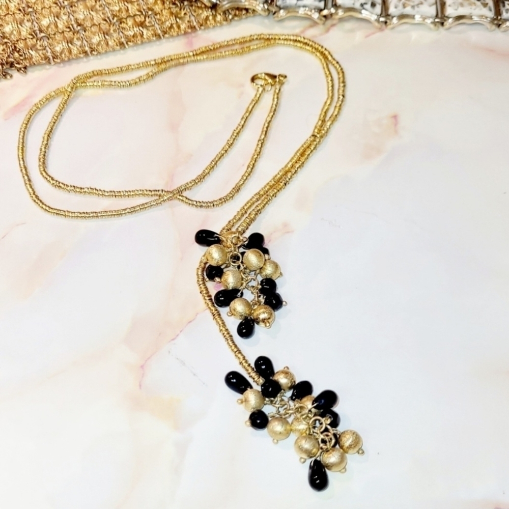 Vintage Slinky Chain Tie Front Long Beaded Gold Necklace